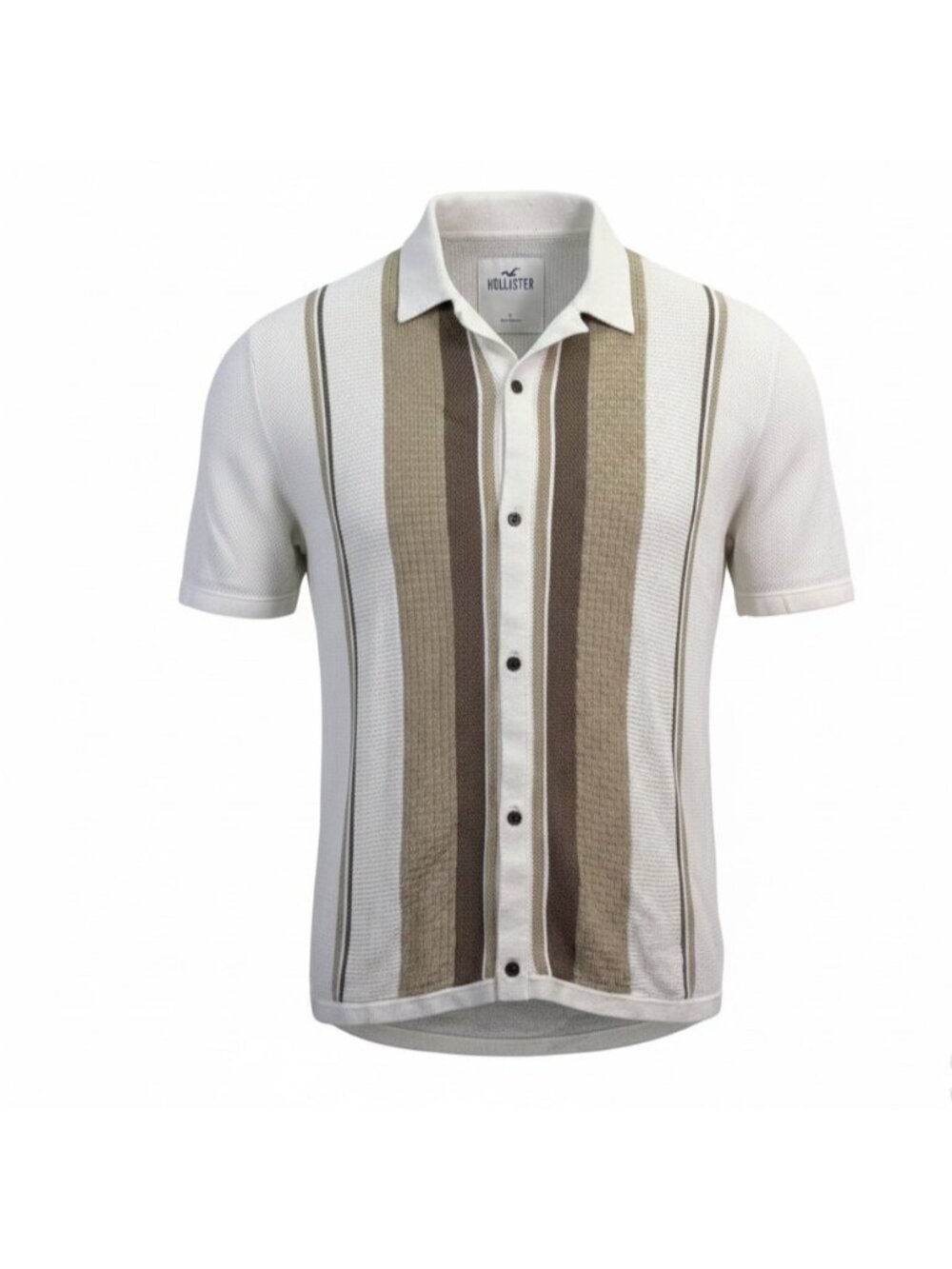 Hollister Mens Beige/Brown Stripe Button-Down Knit Short-Sleeve Shirt Size L